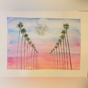 Original watercolor palm tree sunset painting contemporary art